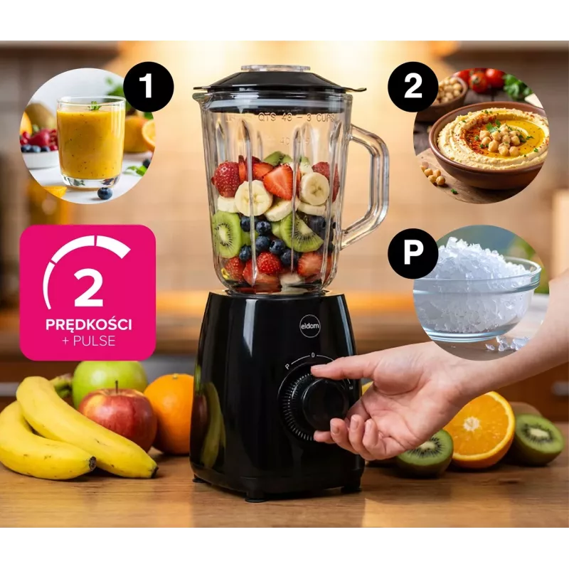 Eldom BK6 NOXAR blenderis ar krūzi, 1.8 L rūdīts stikls, melns, 22000 rpm, Pulse