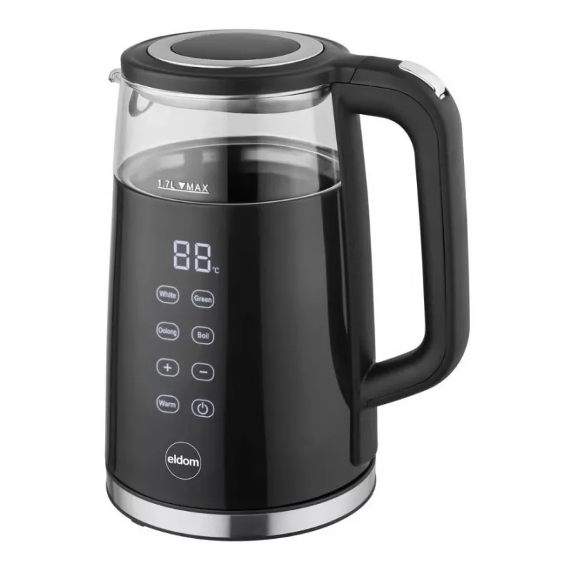 ELDOM C560 Nuvia bezvadu tējkanna ar temperatūras kontroli, 1,7 L, 2200 W, LED displejs, nerūsējošais tērauds/melna