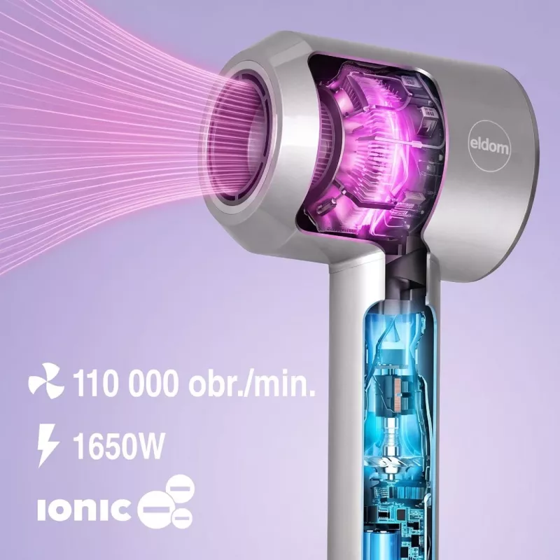 ELDOM HT280 matu žāvētājs, 1650 W, pelēks, 3 temperatūras režīmi, 2 ātruma režīmi, aukstā gaisa poga, koncentratora sprausla, noņemams gaisa filtrs, cilpa pakarināšanai, aizsardzība pret pārkaršanu, 1.8 m vads