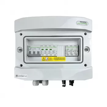 EMITER Switchgear Attached DCAC Hermetic IP65 EMITTER ar Noark 1000V Type 1+2 DC Pārsprieguma aizsardzību, 1 x PV virkne, 1 x MPPT // un AC Noark Type 1+2, 10A 3-fāžu