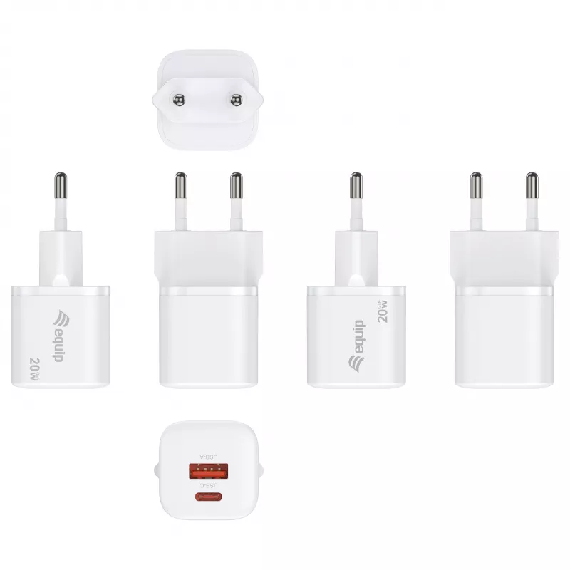 Equip 245526 2 portu USB-C PD3.0 / USB-A GaN 20W sienas lādētājs, balts
