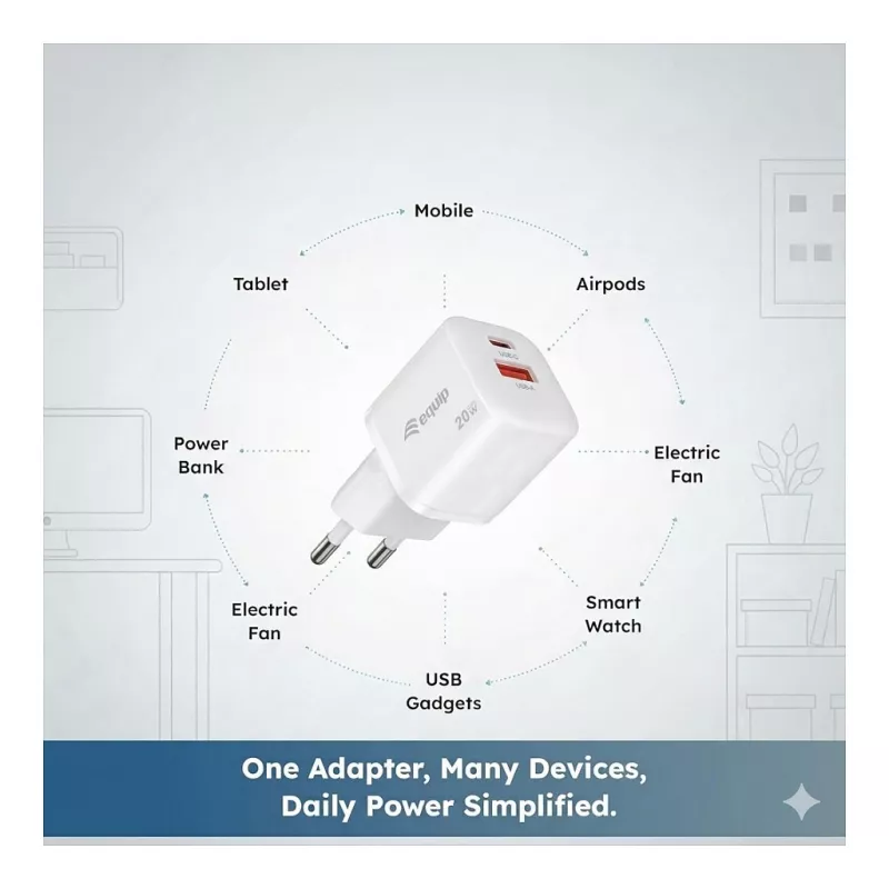 Equip 245526 2 portu USB-C PD3.0 / USB-A GaN 20W sienas lādētājs, balts