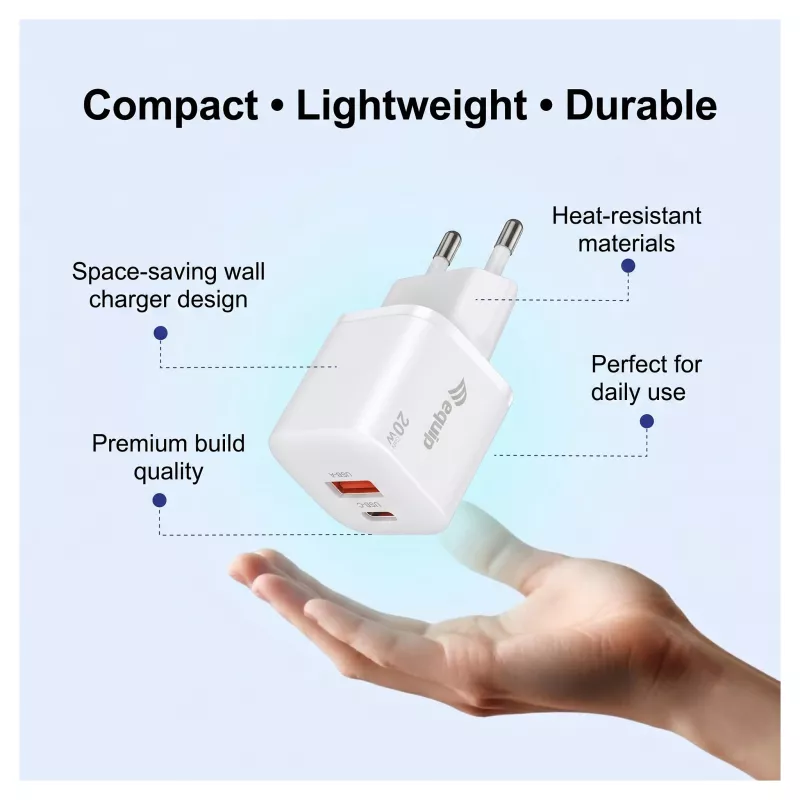Equip 245526 2 portu USB-C PD3.0 / USB-A GaN 20W sienas lādētājs, balts