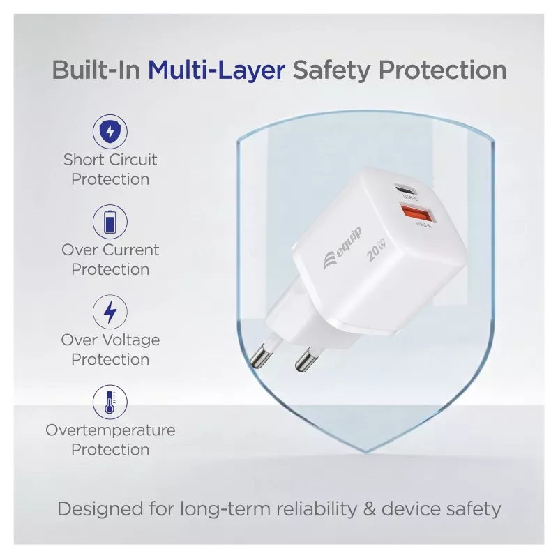 Equip 245526 2 portu USB-C PD3.0 / USB-A GaN 20W sienas lādētājs, balts