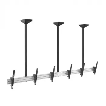 EQUIP Pro trīs monitoru griestu stiprinājums 45-50 collu ekrāniem, pilnas kustības šarnīra rokas, VESA 75/100, 8kg uz displeju, melns/sudraba