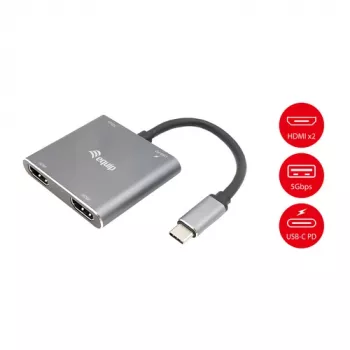 EQUIP USB-C 4-in-1 Dual-HDMI adapteris ar 100W PD, 4K MST, alumīnija