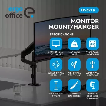 Ergo Office ER-691 B Gāzes atsperes monitora stiprinājums 17–32 inch ekrāniem, 1–10 kg, matēti melns, VESA 75/100