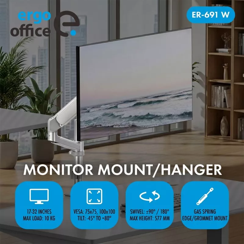 ERGO OFFICE ER-691 W Gāzes atsperes monitora stiprinājums 17-32 inch monitoriem līdz 10 kg, matēti balts
