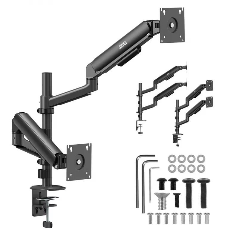 ERGO OFFICE ER-692 B Dual Monitor Pultu Stiprinājums, Gāzes Atsperes Rokas, 17-32 inch, 1-10 kg katrai Rokai, Matēti Melns