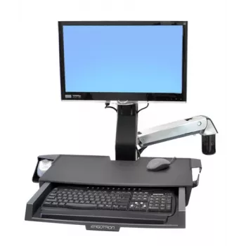 Ergotron 45-260-026 Track Mount Kit – pilna darbstacija uz sliedēm, monitora turētājs ar tastatūras plauktu, pele izvelkama, plaukstas balsts un skenera turētājs, līdz 24 inch LCD, VESA 75/100 mm, pulēts alumīnijs