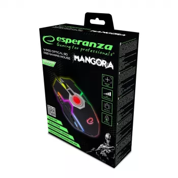 Esperanza EGM701 Mangora 8D vadu spēļu pele, RGB fona apgaismojums, 7200 DPI, optiskais sensors, 6 pogas, pīts kabelis, labā roka, melna
