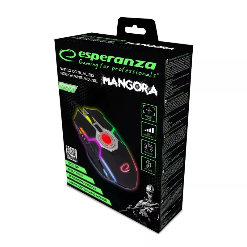 Esperanza EGM701 Mangora 8D vadu spēļu pele, RGB fona apgaismojums, 7200 DPI, optiskais sensors, 6 pogas, pīts kabelis, labā roka, melna