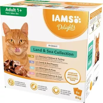 IAMS Delights Land & Sea Collection in Gravy mitrā barība kaķiem mērcē, 8 x 85 g