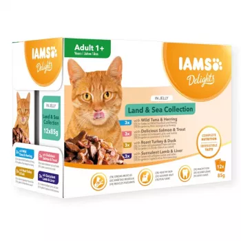 EUKANUBA IAMS DELIGHTS Land & Sea kolekcija želejā – mitrā kaķu barība – 12x85g paciņas