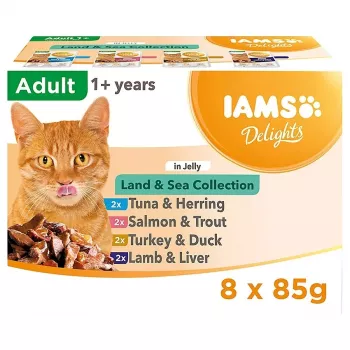 IAMS Delights Land & Sea Collection želejā, mitrā kaķu barība, 8 x 85 g