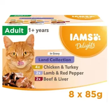 IAMS Delights Land Collection in Gravy mitrā barība kaķiem mērcē, 8 x 85 g