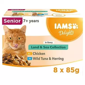 IAMS Delights Senior Land & Sea Collection mērcē, mitrā kaķu barība, 8 x 85 g