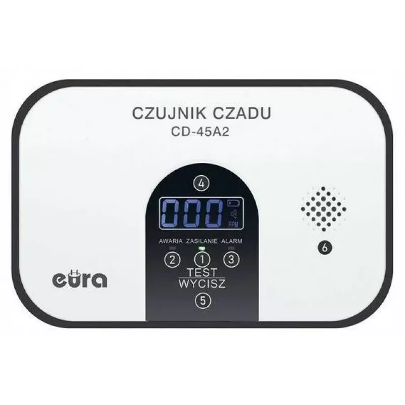 EURA CD-45A2 Brīvi stāvošs oglekļa monoksīda detektors ar LCD displeju, bateriju darbināms