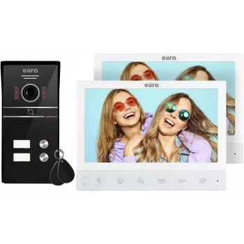 EURA VDP-80C5 divu ģimeņu video domofona sistēma, balta, 2x 7 collu LCD, FHD, 1080p kamera, RFID lasītājs, virsmas montāžas
