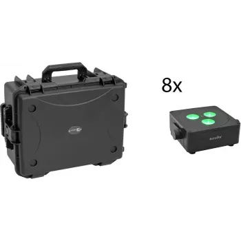 EUROLITE komplekts 8x AKKU IP Flat Light 3 sw IP65 LED prožektori ar ratiņu koferi