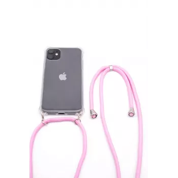 Evelatus Apple iPhone 11 Silicone Caurspīdīgs Maciņš ar Kakla Siksniņu TPU Strap Caurspīdīgi Rozā