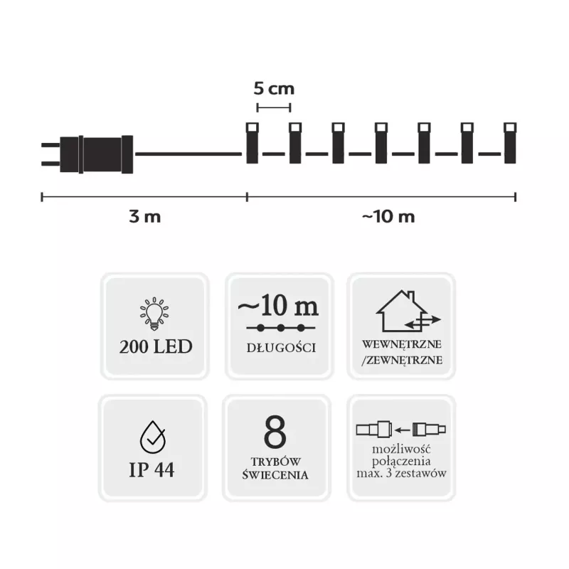 Extralink EX.73271 LED gaismiņu virtene, 200 LED, auksti balta, 10 m + 3 m, iekštelpām/āra lietošanai