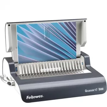 Fellowes Quasar-E 500 elektriskā kombīna saistīšanas iekārta, 20 lapu caurumošana, 500 lapu saistīšanas kapacitāte, A4, 21 taisnstūra caurums, regulējama mala, metāla/plastmasas korpuss, liela atkritumu tvertne