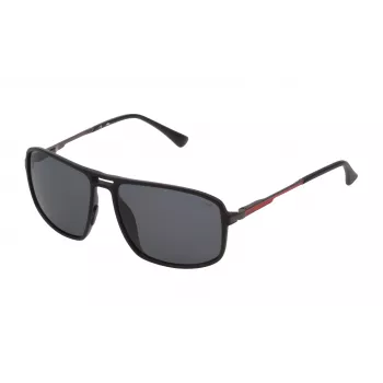 FILA vīriešu saulesbrilles SF9329-58U28Z - Taisnstūra matēti melns rāmis ar dūmu polikarbonāta lēcām, UV400 aizsardzība