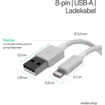 Flexline USB lādēšanas un sinhronizācijas kabelis, USB-A uz 8-Pin (Lightning), 2.0, ABS, Balts, 5,0m (FL31-12048)