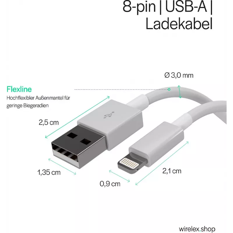 Flexline USB lādēšanas un sinhronizācijas kabelis, USB-A uz 8-Pin (Lightning), 2.0, ABS, Balts, 5,0m (FL31-12048)