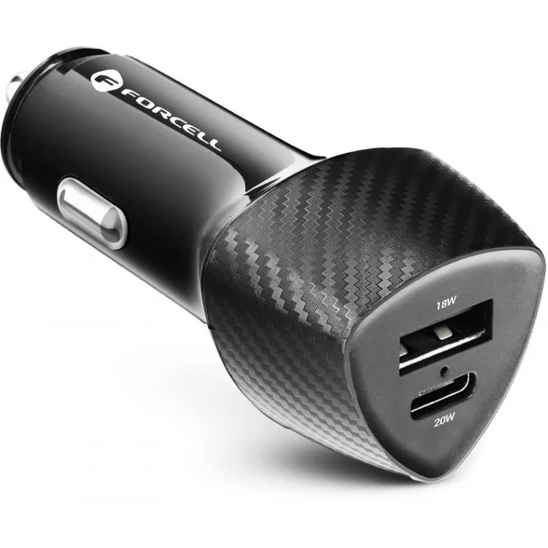 Forcell Carbon CC50-1A1C 38W Auto Lādētājs USB-C PD 3.0 + USB-A QC 3.0 Melns