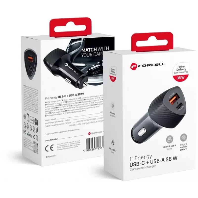 Forcell Carbon CC50-1A1C 38W Auto Lādētājs USB-C PD 3.0 + USB-A QC 3.0 Melns