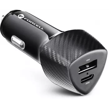 Forcell Carbon CC50-1A1C 38W Auto Lādētājs USB-C PD 3.0 + USB-A QC 3.0 Melns