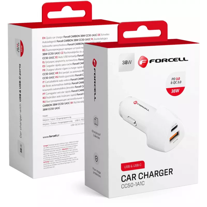 Forcell Carbon CC50-1A1C 38W USB-C PD + USB-A QC 3.0 Auto Lādētājs - Balts