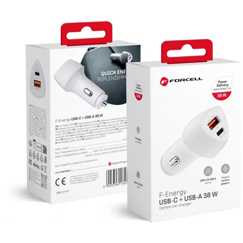 Forcell Carbon CC50-1A1C 38W USB-C PD + USB-A QC 3.0 Auto Lādētājs - Balts