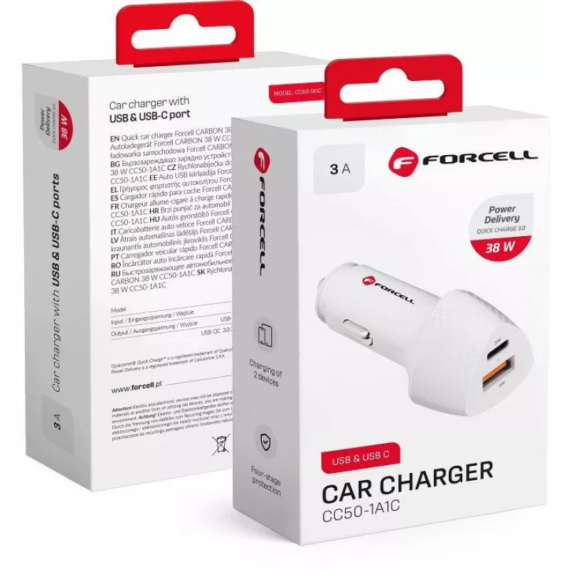 Forcell Carbon CC50-1A1C 38W USB-C PD + USB-A QC 3.0 Auto Lādētājs - Balts