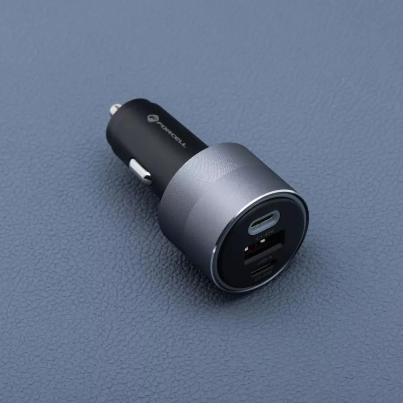 Forcell F-Energy 65 Auto Lādētājs 65W, 2x USB-C (PD 3.0) & 1x USB-A (QC 4.0), Pelēks