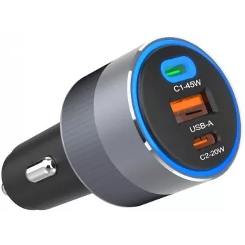 Forcell F-Energy 65 Auto Lādētājs 65W, 2x USB-C (PD 3.0) & 1x USB-A (QC 4.0), Pelēks
