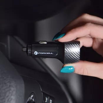 Forcell F-Energy Carbon Auto Lādētājs USB-C QC3.0 PD 20W ar USB-C uz Lightning Kabeli CC50-1C Melns