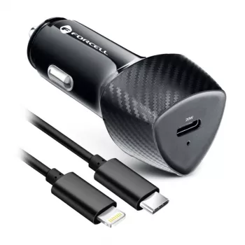 Forcell F-Energy Carbon Auto Lādētājs USB-C QC3.0 PD 20W ar USB-C uz Lightning Kabeli CC50-1C Melns