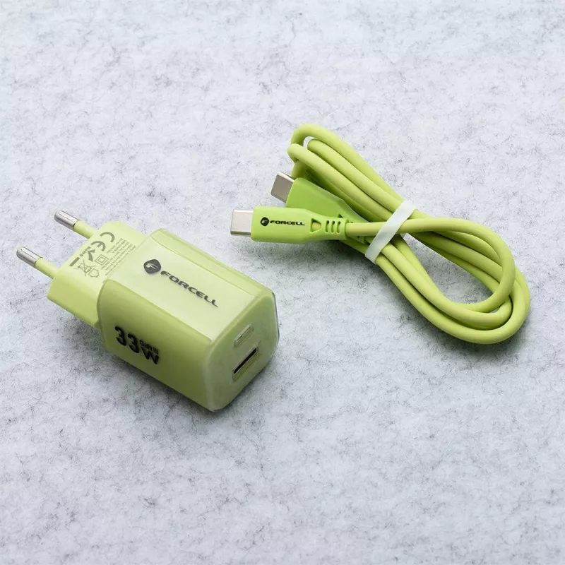 Forcell F-Energy GaN III VT-41 33 W GaN sienas lādētājs, 1x USB-C PD 3.0/PPS un 1x USB-A QC 4.0, zaļš