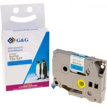 G&G 14956 saderīga Brother TZe-531 zilā etiķešu lente 12mm 8m melns teksts