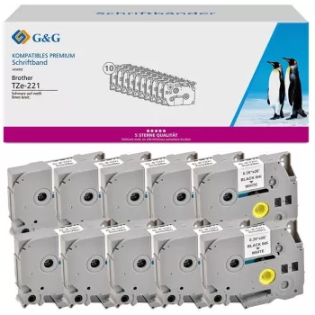 G&G 20101 Brother TZe-221 saderīga lente etiķetēm, 9mm x 8m, melns uz balta, laminēta, 10 iepakojums