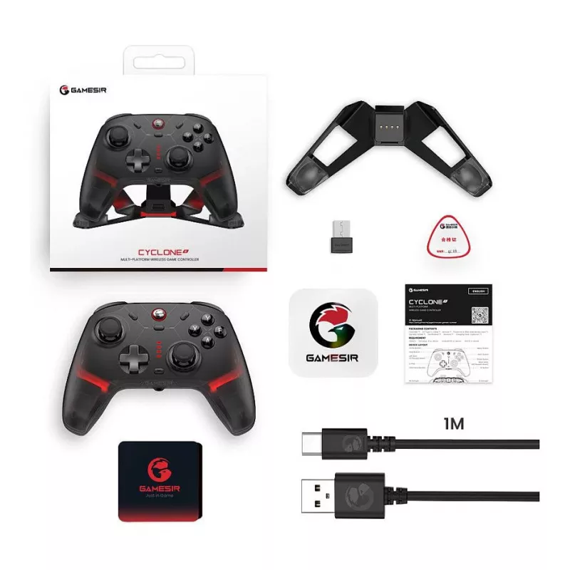 GameSir Cyclone 2 Tri-Mode bezvadu spēļu kontrolieris ar Hall Effect svirām un trigeriem, RGB apgaismojumu, programmējamām pogām, 6 asu žiroskopu, 20h bateriju - Melns