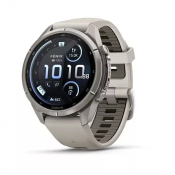 Garmin Fenix 9 Pro – inReach, 43mm titāna viedpulkstenis ar Fog Grey/Dark Sandstone silikona siksniņu