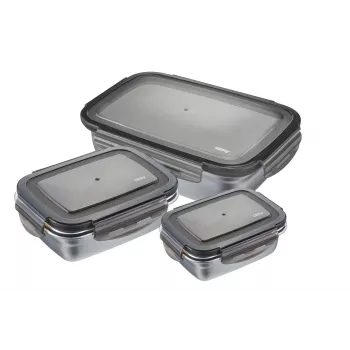 GEFU Preppo 3 garšvielu trauku komplekts, nerūsējošais tērauds un stikls, 100 ml katrs, hermētisks, sakraujams, sudrabs/caurspīdīgs