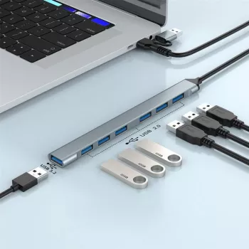 Gembird 7-Port USB 3.2 Gen 2 Hub - 6x USB-A 2.0 + 1x USB-A 3.2, Sudraba
