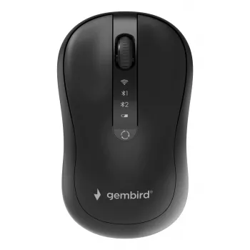 Gembird MUSW2-4B-01 divu režīmu bezvadu pele (2.4 GHz + Bluetooth 5.0) ar 1600 DPI optisko sensoru, 4 pogām, abpusēju dizainu, melna