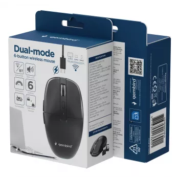 Gembird MUSW2-6B-01 Dual-mode bezvadu pele, 2.4 GHz + Bluetooth 5.0, 1600 DPI, 6 pogas, melna