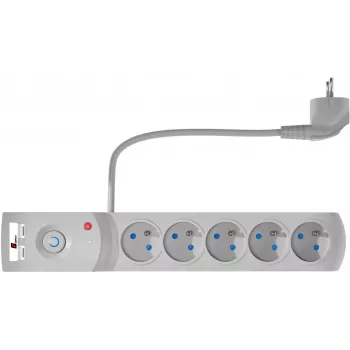 GETFORT 5 ligzdu pārsprieguma aizsargs ar 2 USB uzlādes portiem, 5 m kabelis, pelēks
